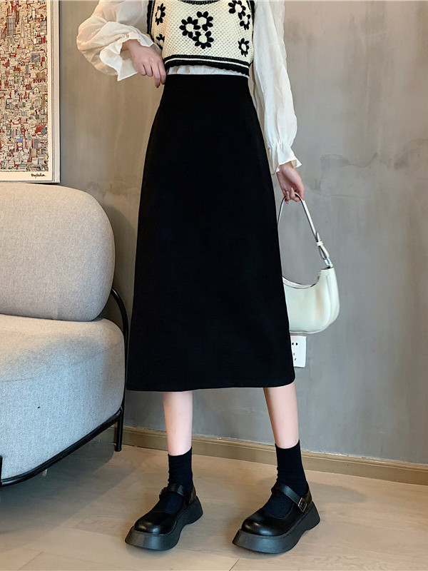 Skirts - Saia Midi de Lã Estilo Coreano