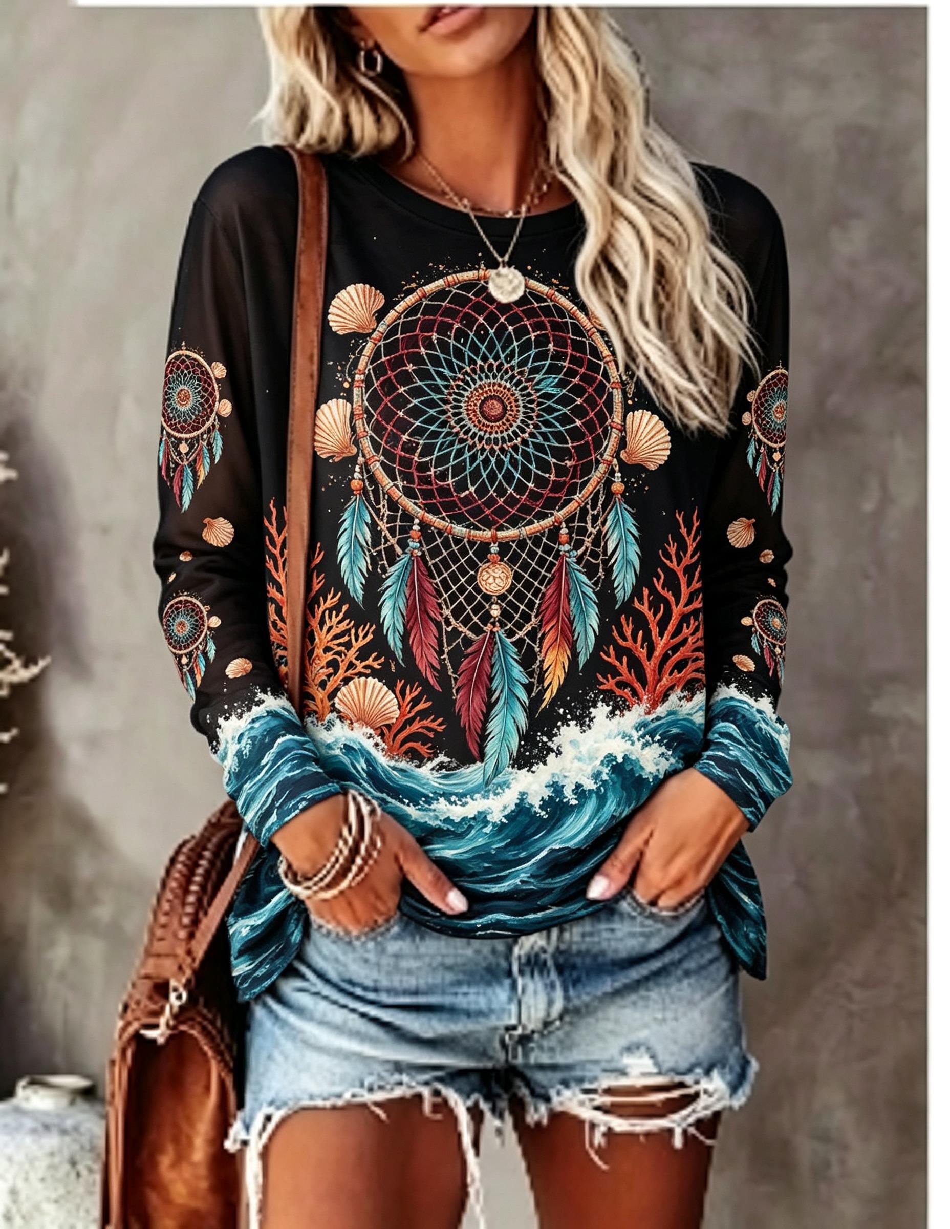 Blouses - Camiseta de manga comprida com gola