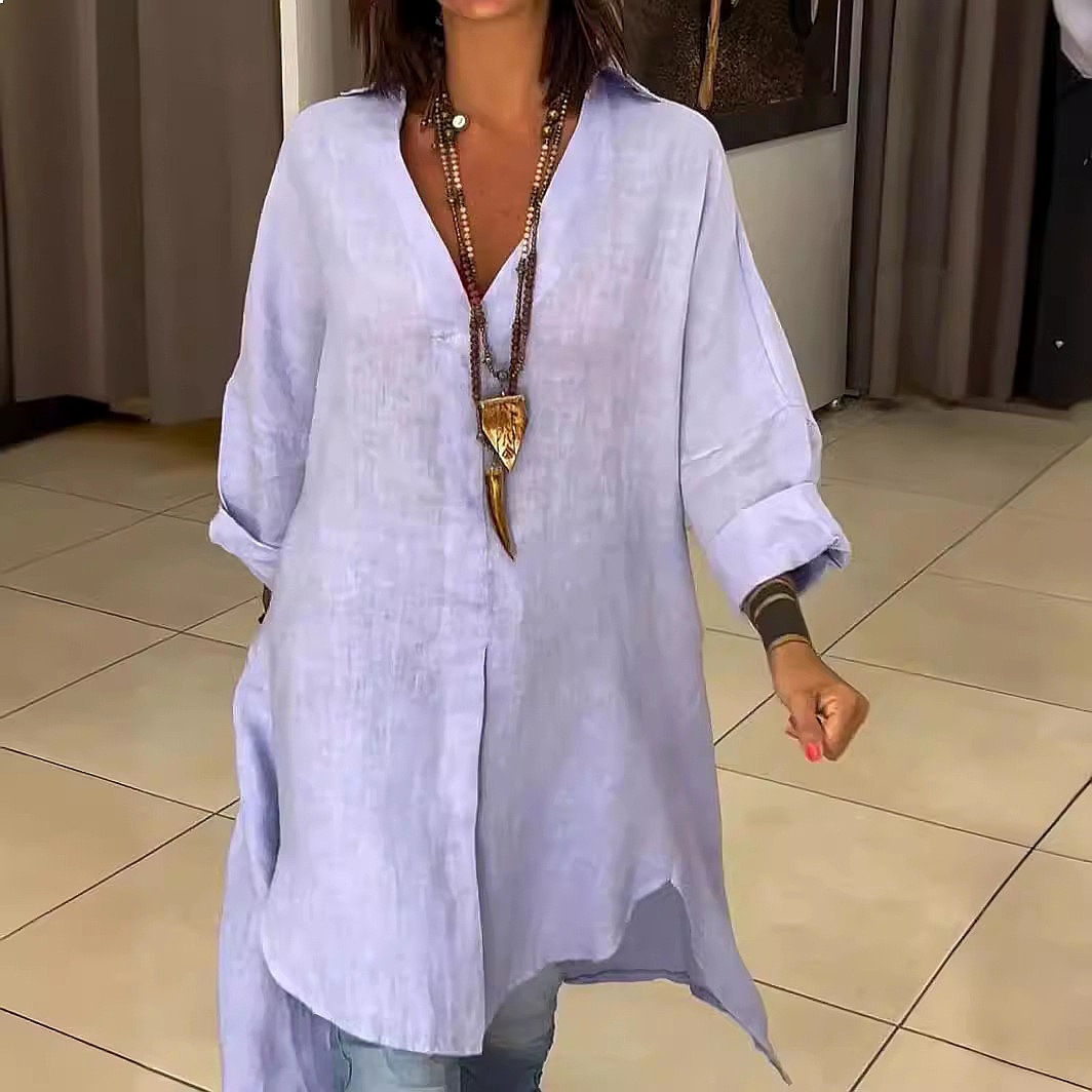 Casual Loose Linen Shirt Dress - Vestido camisa de linho feminino, blusa