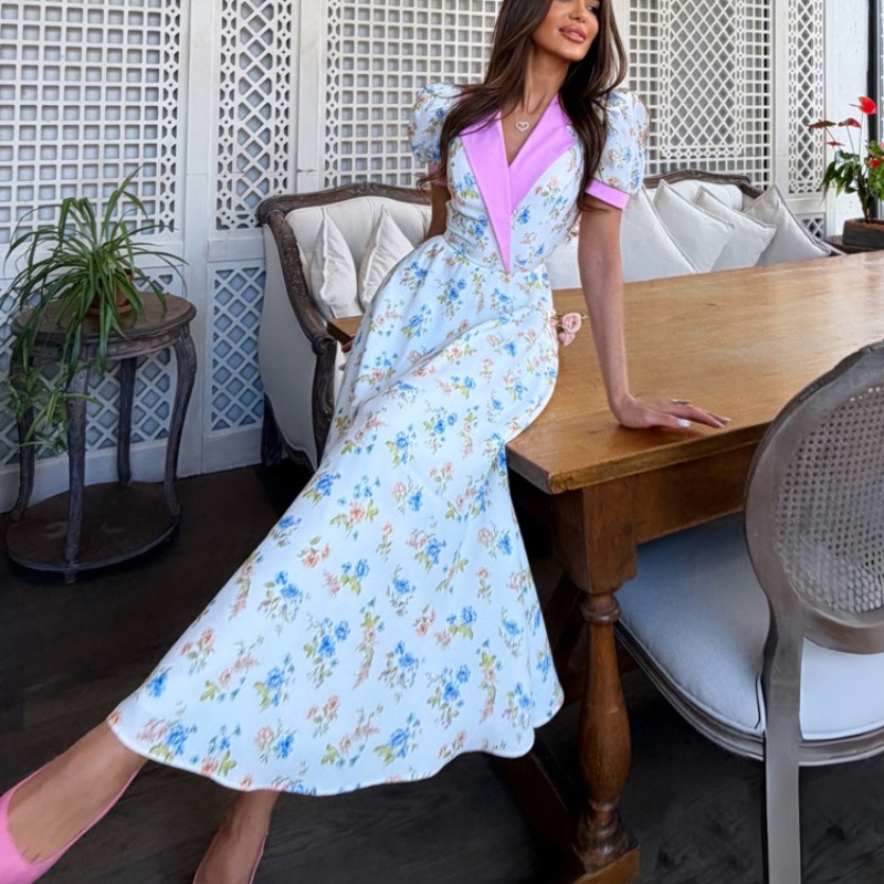 French Vintage Floral Midi Dress - Vestido Midi Elegante 2026 de Verão